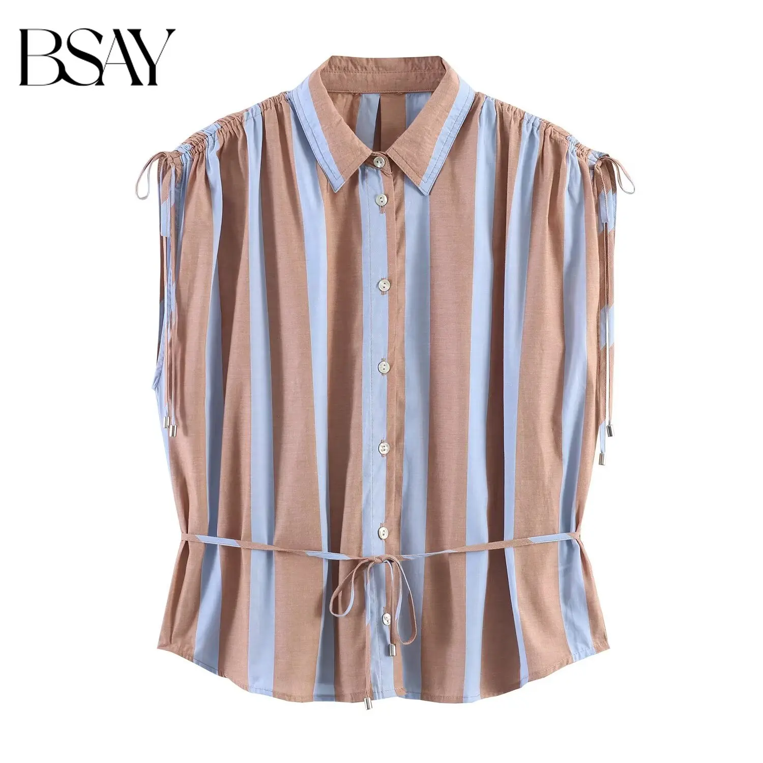 

BSAY 2026 Women Summer Shirts Blouses Fashion Striped Sashes Bow Turn-Down Collar Female Elegant Street Sleeveless Top Clothing