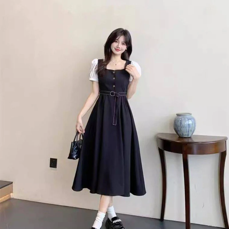 2026 Women's Contrast Color Block Midi Dress Puff Sleeve Square Neck Belted A-Line Casual Summer French Occasion Dress