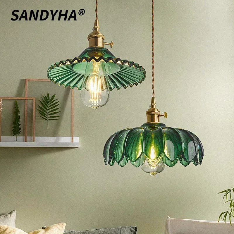 

SANDYHA Elegant LED Petal Chandelier Nordic Retro Glass Hanging Lamp for Bedroom Dining Room Living Room Stylish Lighting
