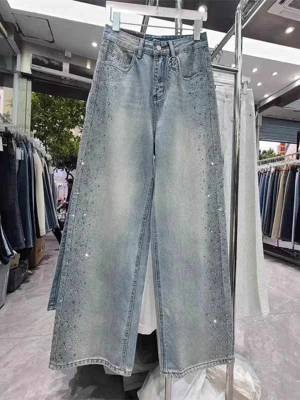 

Spring 2026 New Vintage Casual Light Blue Wide Leg Denim Jeans Women's Hotfix Diamond High Waist Loose Fit Straight Leg Pants