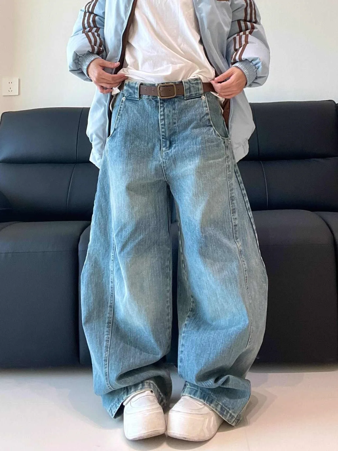 

Светло-голубые джинсы унисекс в американском ретро-стиле, прямые широкие брюки, свободные повседневные длинные штаны, рабочая одежда, джинсовая ткань