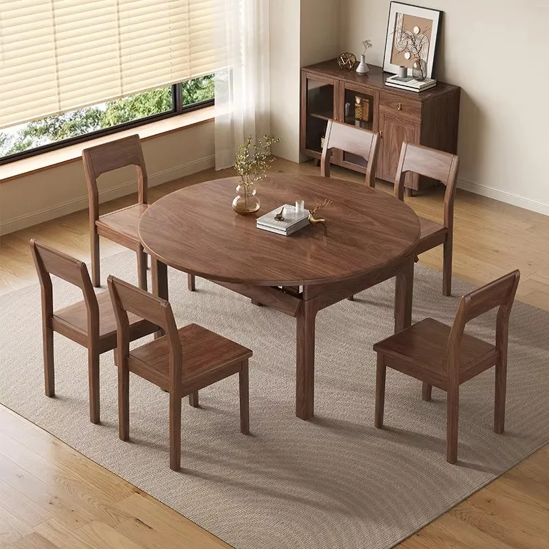 Black Walnut New Chinese Style 1.5m Dining Table Extendable Folding Round Table Solid Wood Dining Table and Chair Set