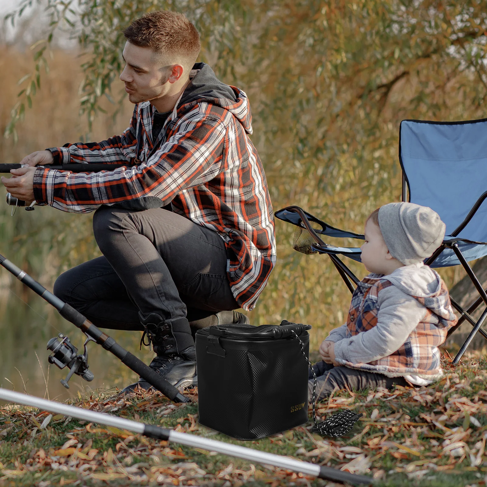 

Foldable Fishing Bucket EVA Bait Aerator Basket Collapsible Container Live Fish Storage Bag Large Capacity Portable Mesh Lid
