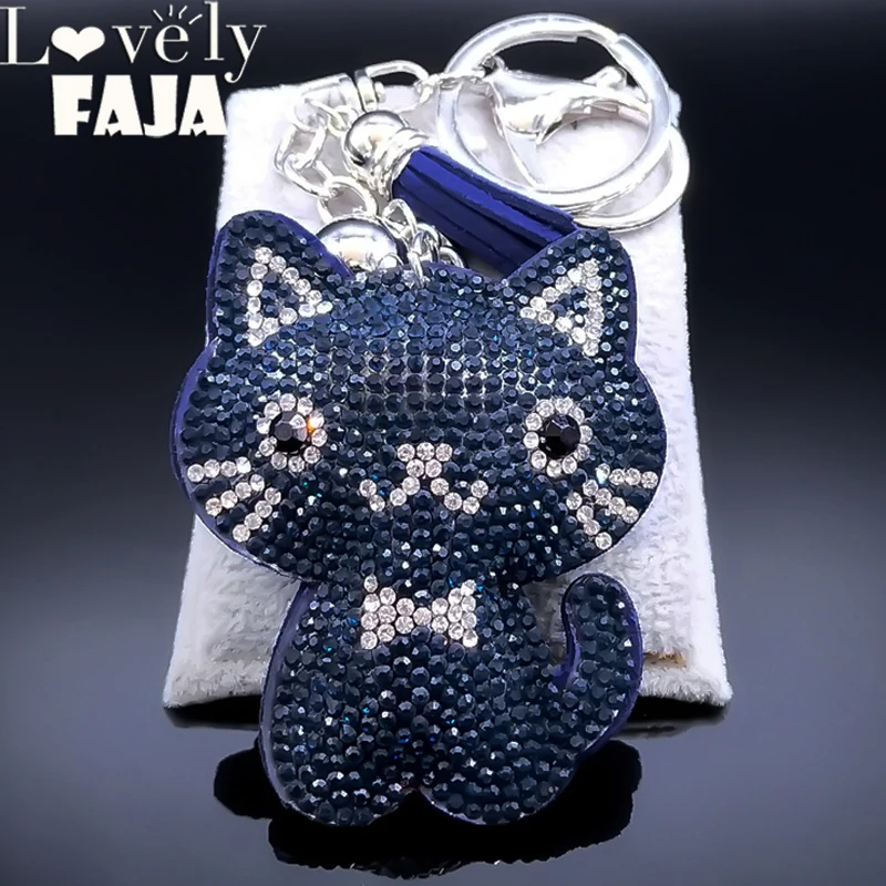 

Cute Navy Blue Cat Kitten Key Chain for Women Alloy Leather Crystal Animal Key Ring Tassel Bell Bag Car Accessories Jewelry Gift