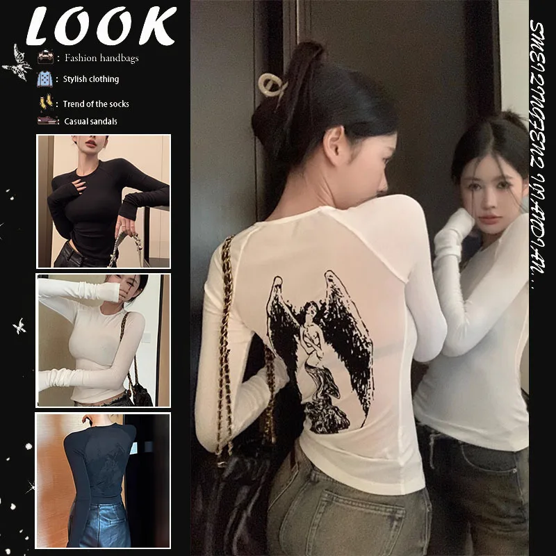 

White Angel Print Long Sleeve T-shirt Female Autumn 2023 New Spice Girl Slim Inside with A Base Shirt