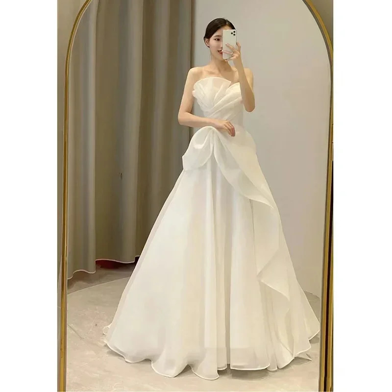 

Wedding Dresses for Women Elegant Ruched Ruffles Sleeveless Ruffle Strapless Long Skirt Banquet Women's Prom White Dress Vestido