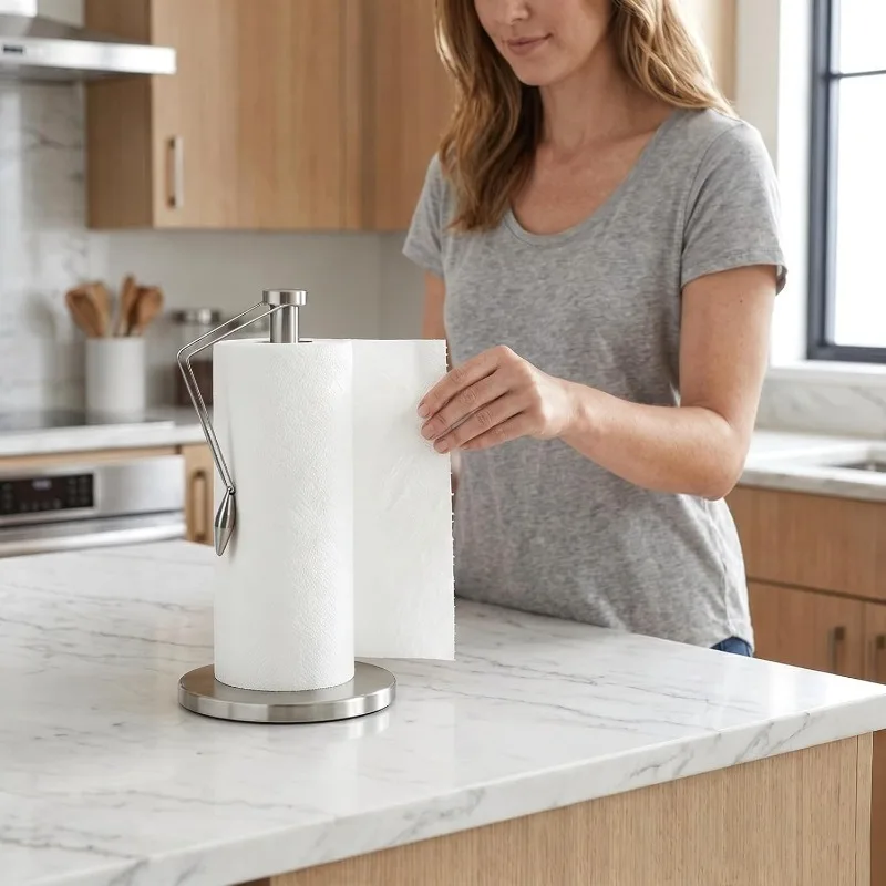 1Pc Paper Towel Holder Countertop, Stainless Steel Paper Roll Holder with Weighted Base Freestanding Paper Towel Dispenser with Side Retaining Arm for Kitchen Bathroom Tabletop, Silver