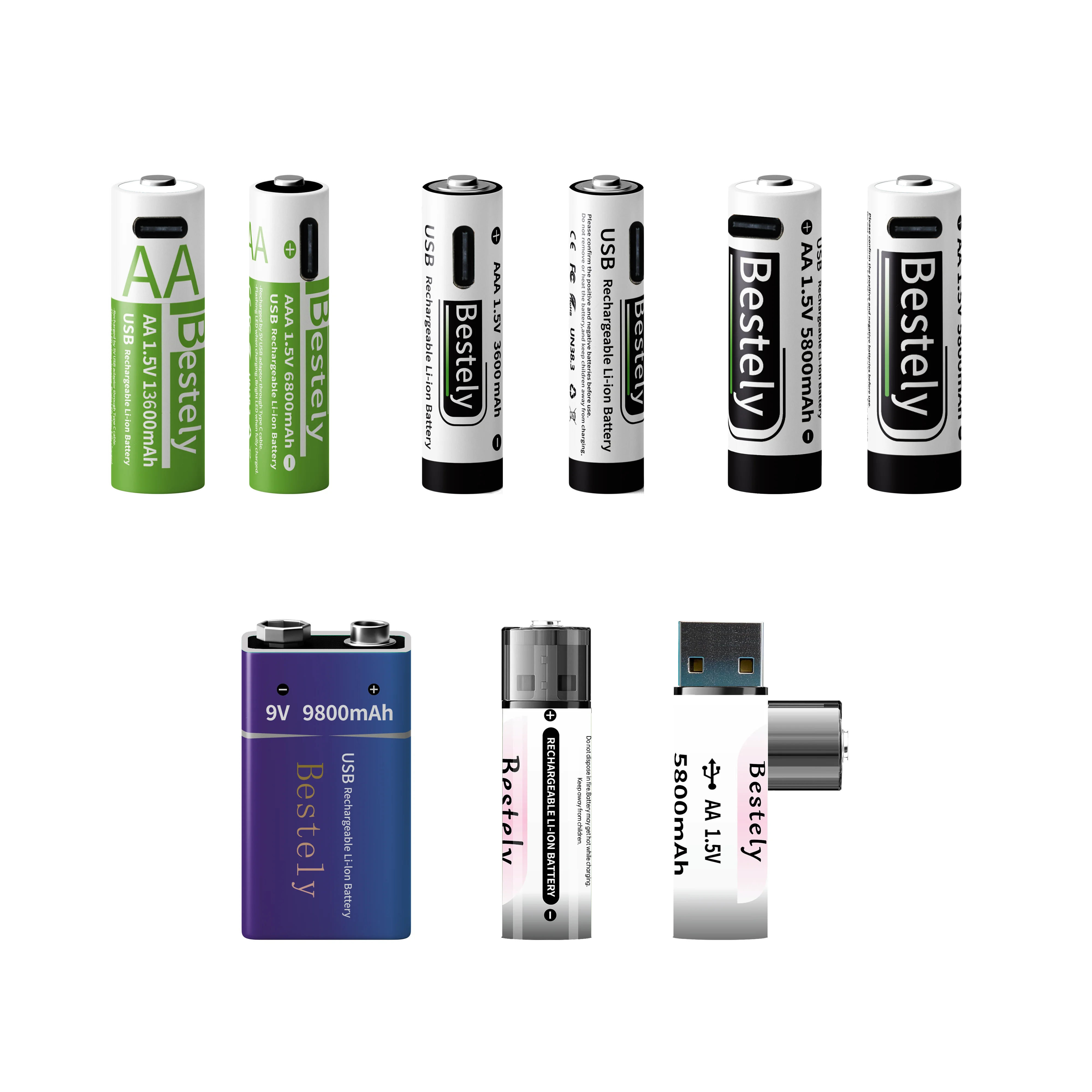 New Set 1.5V AA /AAA/9V Rechargeable Lithium Battery/High Capacity/USB-C Fast Charging Li-ion Batteries 2000 Cycles Long Lasting