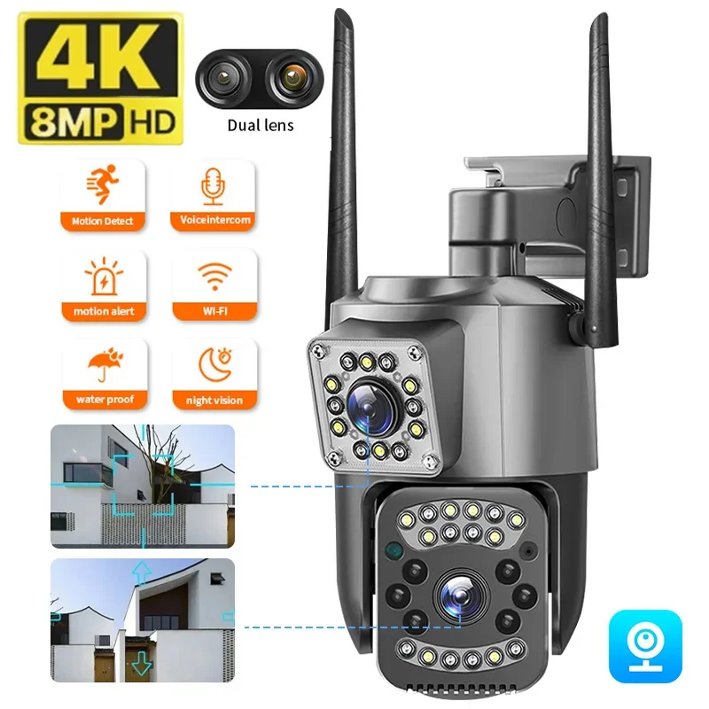 Cámara de vigilancia en exterior 4K, protección de seguridad de doble lente, cámara IP WIFI con Audio bidireccional, seguimiento automático, visión