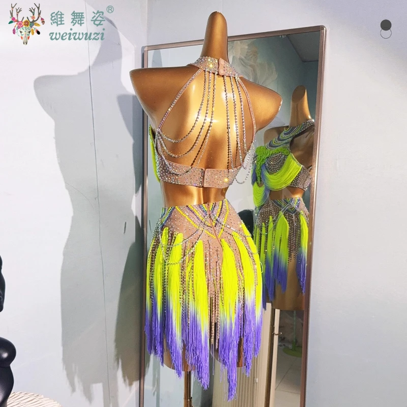 Latin Dance Dresses Customized Luxury Rhinestone Gradient Tassel Dress Adults and Children Tango Samba Rumba Competition Outfit