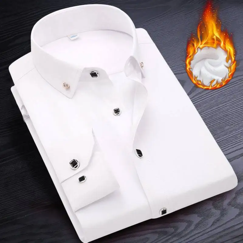 New Autumn and Winter White Shirt Slim-fitting Velvet Thickened Men's Long-sleeved White Shirts Business Dress High-end Sense