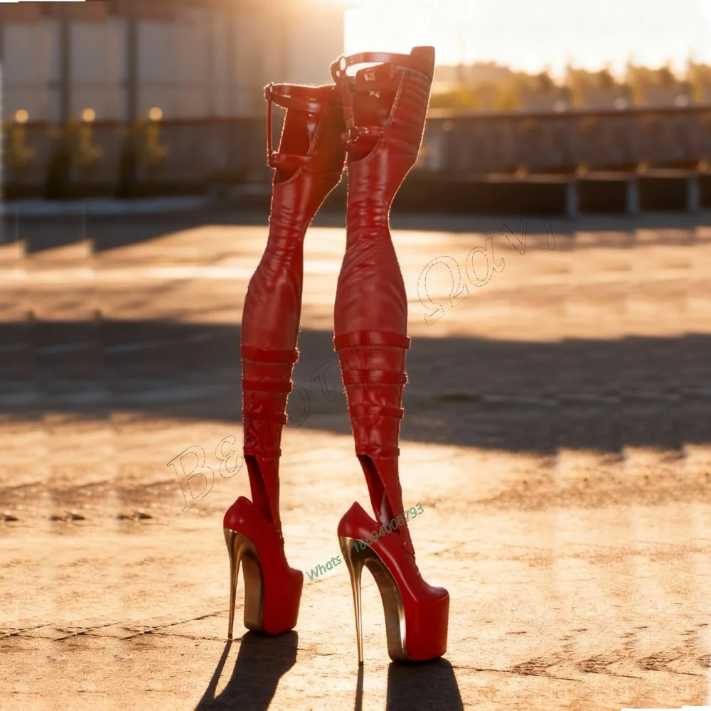 

Red Back Belt Leather Platform Boots Cut Back Stretchy Thigh High Spike High Heel Shoes Sexy Women Shoes New Zapatos Para Mujere