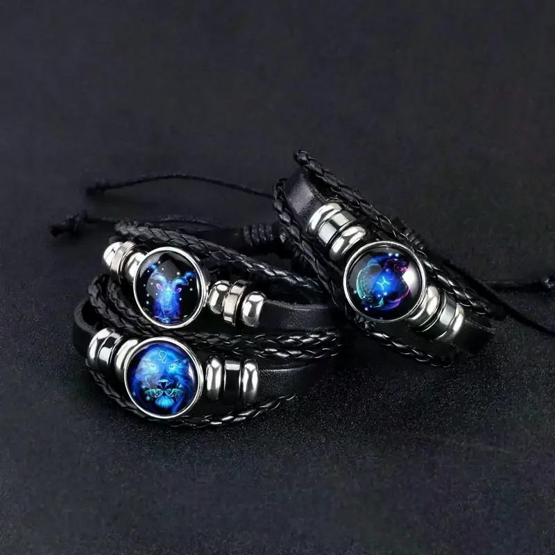 Fashion 12 Zodiac Signs Constellation Charm Bracelet For Men Multilayer Weave Leather Bracelet Unisex Jewelry Accessries Gifts