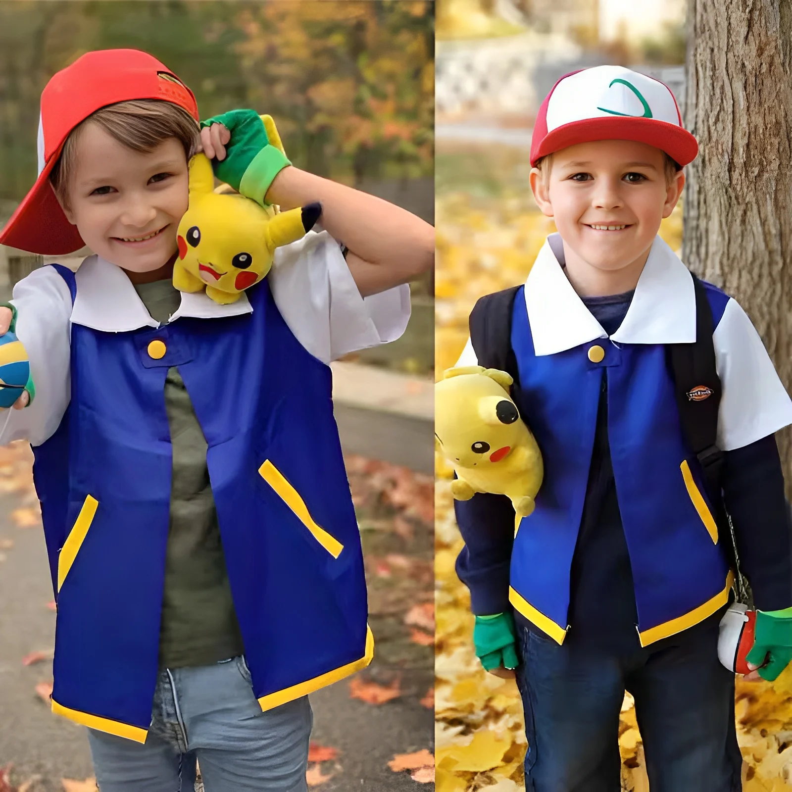 Pokémon Ash Ketchum stile ufficiale giacca blu costume set completo + berretto, guanti accessorio palla Poké per ragazzi cosplay di Halloween