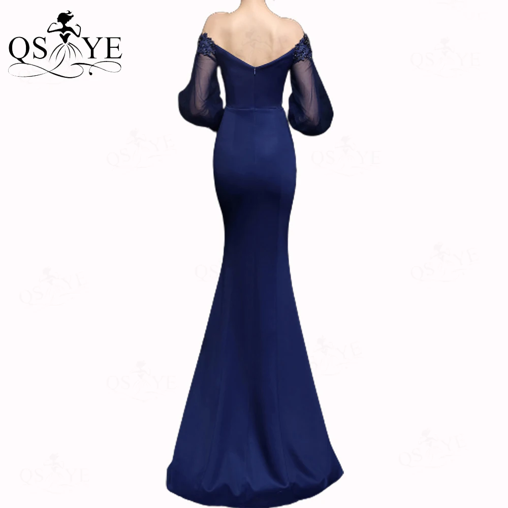 Gaun Prom Navy Gaun Malam Lengan Tulle Panjang Gaun Formal Satin Elastis Gaun Pesta Applique Renda Gaun Elegan Tanpa Bahu