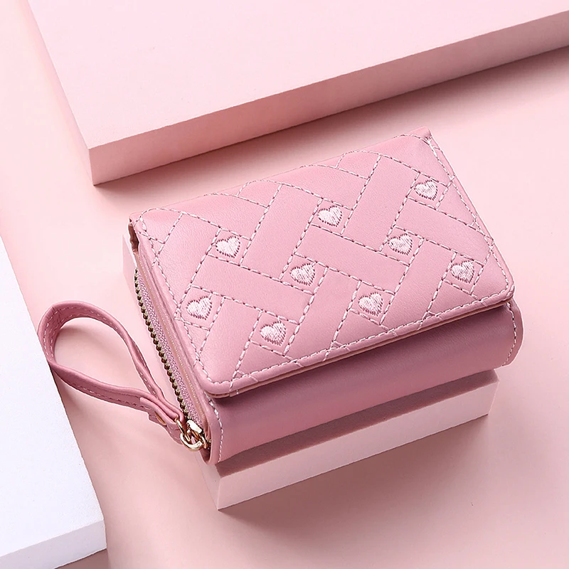 Women's Wallet For PU Leather Fashion Embroidered Love Tri-fold Small Wallet Card Holder Multi-card Slot Coin Purses New