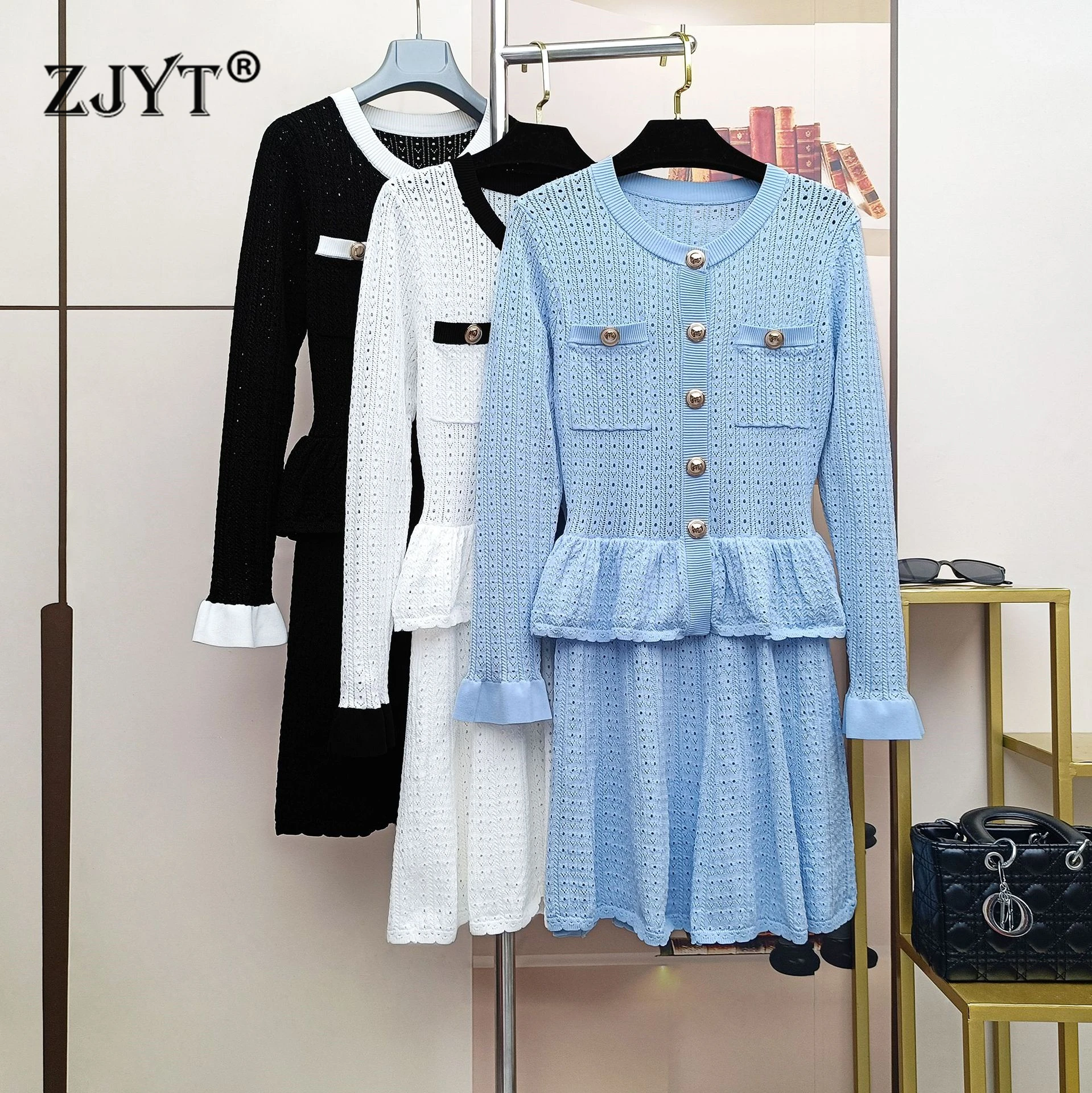 

ZJYT Elegant Women's Autumn Winter Knitting Sweater Dresses Flare Sleeve Ruffles Patchwork One Piece Casual Party Dress Blue