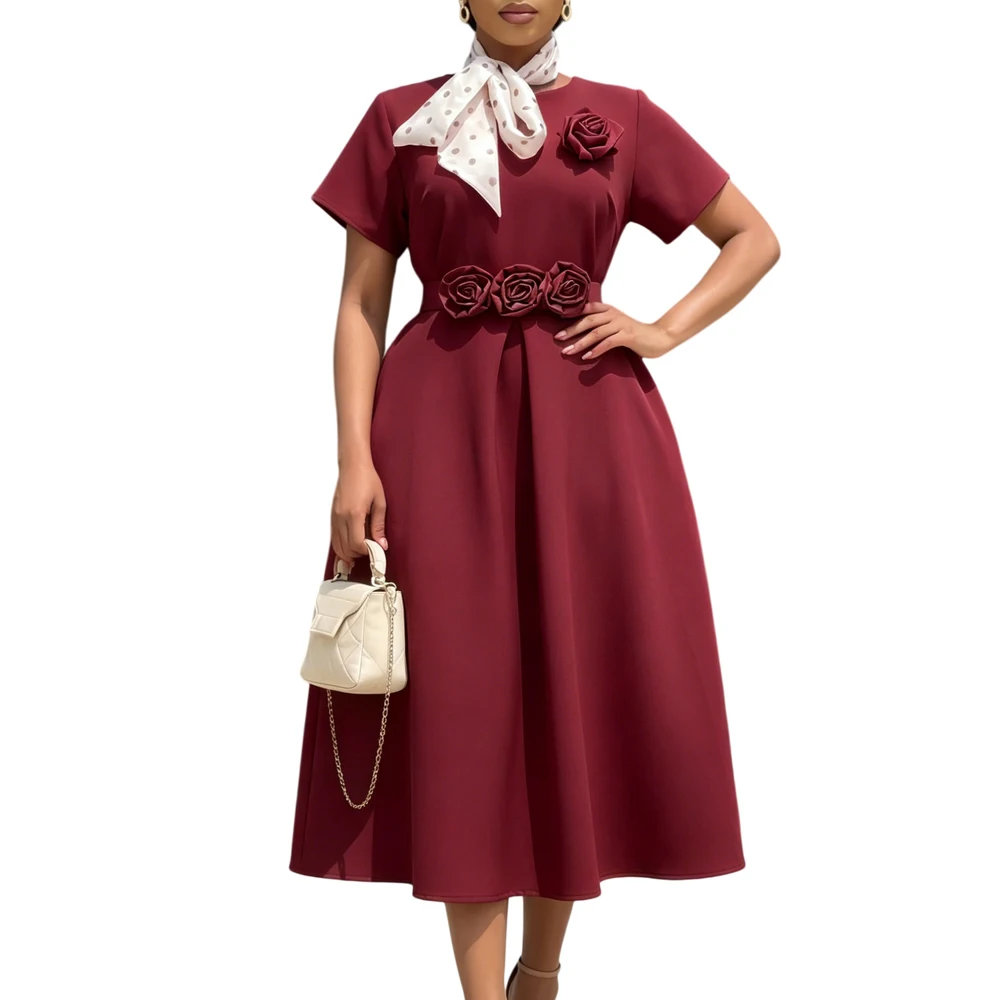 Elegantes Damen A-Linien-Plissee-Kleid mit O-Ausschnitt, Kurzen Ärmeln und 3D-Blumenmuster, Hohe Taille, Neues Sommerkleid für Partys, Formelle Anlässe und Kirche – Detail 10