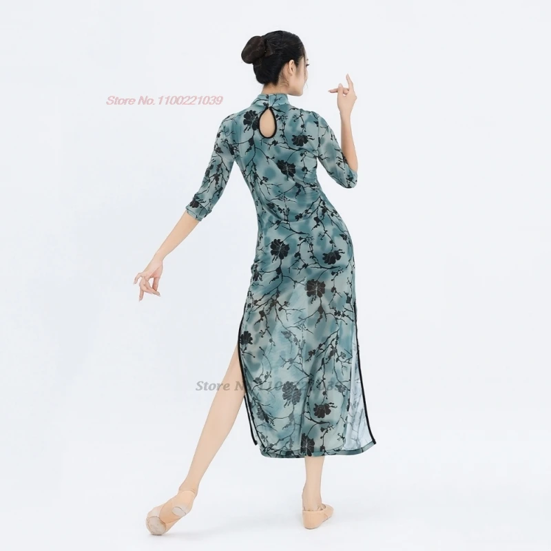 2025 traditional chinese vintage folk dress stage performance costume flower print mesh cheongsam dancer training exercise dress