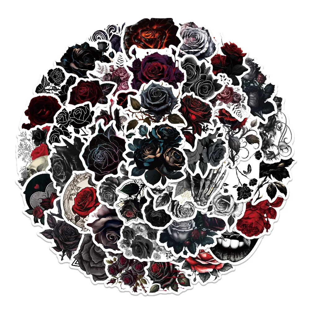 10/60PCS Dark Aesthetic Gothic Style Black Rose Cartoon Graffiti Stickers Decorate Mobile Phone Case Laptop Suitcase Decals