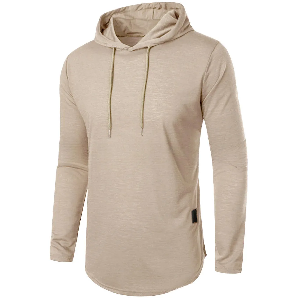 Herren-Langarm-T-Shirt mit Kapuze, Kordelzug, Baumwolle, lässig, gemütlich, einfarbig, schmale Passform, für Herren, Sport, Fitness, atmungsaktiv – Detail 19
