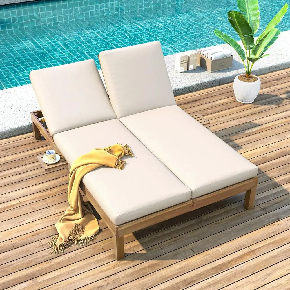 

Weather-Resistant Acacia Wood Double Chaise Lounge with Cushion and Adjustable Backrest for Outdoor Patio or Poolside