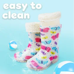 Adorable kids' plush rain boots! With detachable covers, they're waterproof, non-slip, warm.