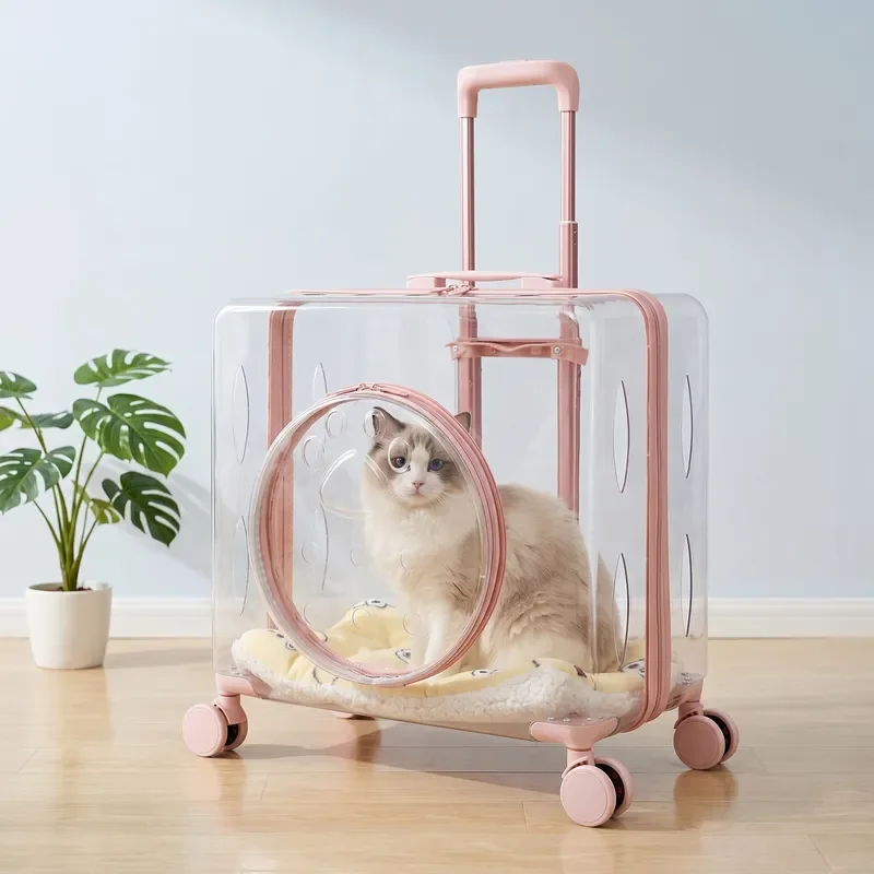 Large Capacity Pet Trolley Case for Two Cats Transparent Carrier Bag Outdoor Travel Wheeled Luggage for Medium Dogs
