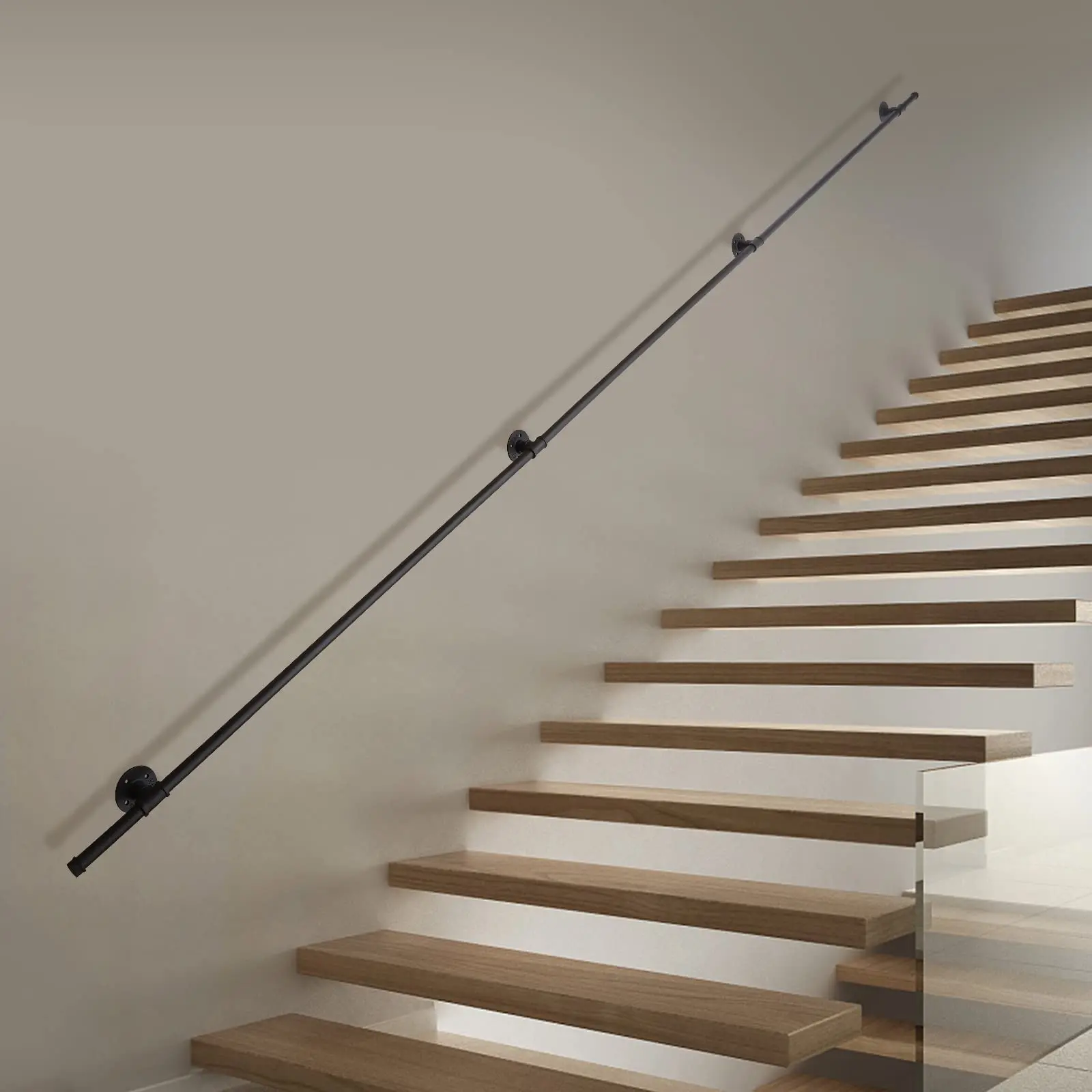 Dynami 9ft Black Pipe Stair Handrail, Wall Mount Black Galvanized Industrial Hand Rail Iron Loft Pipe Handrail, Metal Railing Non-