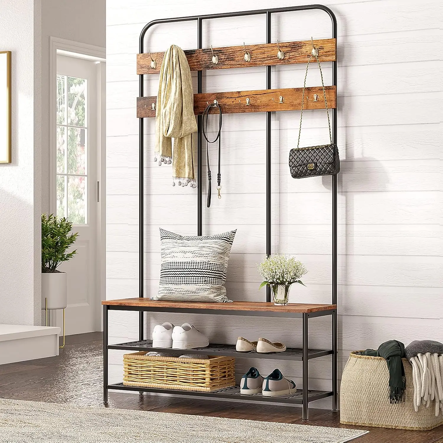 Hall Tree with Bench, Entryway Bench with Coat Rack, Mud Room Bench with 12 Double Hooks and Storage Bench, Coat Tree, Shoe Rack