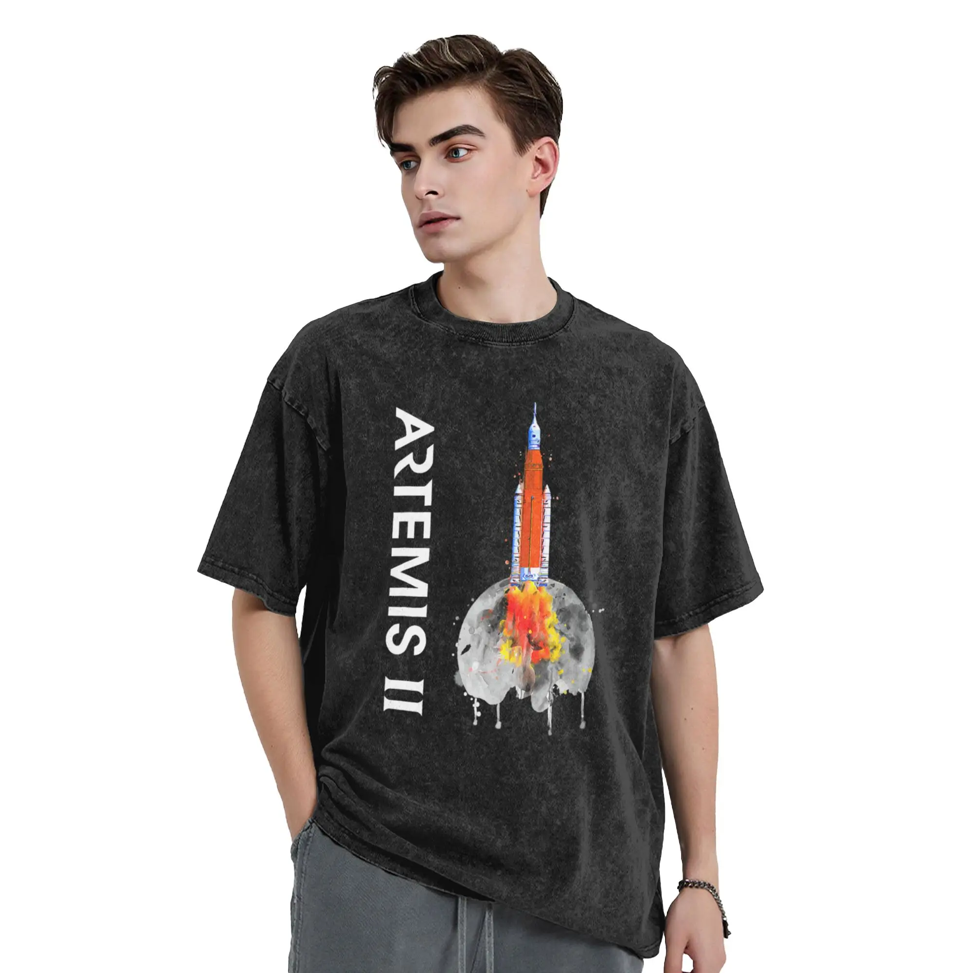 Artemis 2 SLS Rocket Launch Mission To The Moon And Beyond T Shirts Washed Cotton Harajuku T-Shirt Tops Streetwear Printed Tees