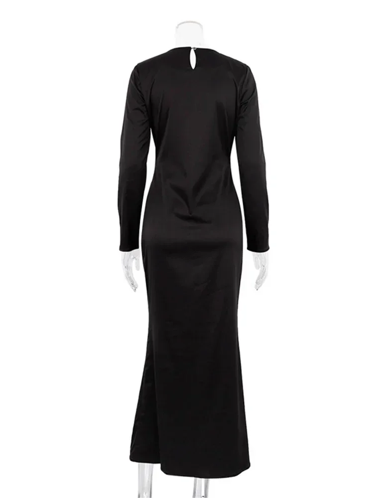 فستان ماكسي أنيق من الساتان المجوف للنساء بخصر عالٍ ورقبة سكوب نحيفة وأكمام طويلة فستان حفلات بسحاب صيفي #5