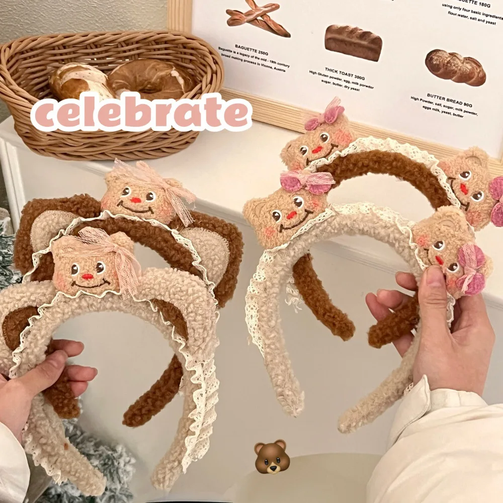 Kawaii Plush Cartoon Bear Headband Women Cute Furry Face Wash Hairband Girl Hair Accessories Head Hoop Makeup Hair Accessories