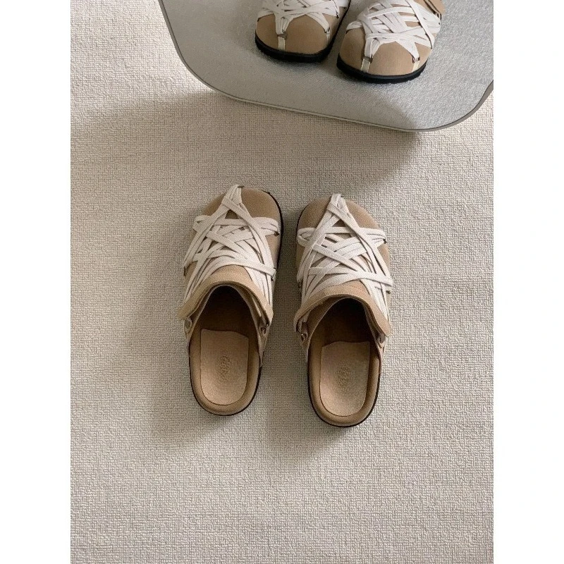 Women Cross Strap Closed Toe Mules Soft Cork Footbed Casual Slip On Slippers step on the half slipper with a toe cap