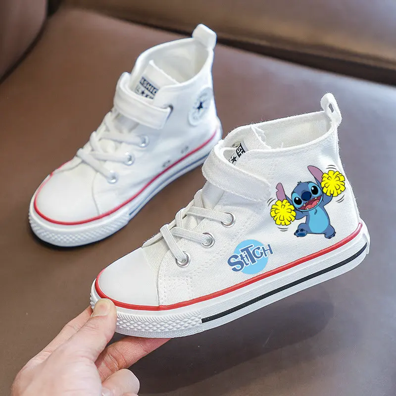 Stitch Children High Top Canvas Shoes Cartoon Stitch Kids Canvas Tennis Shoes Girls Boys White Casual Sneakers Size 25-36