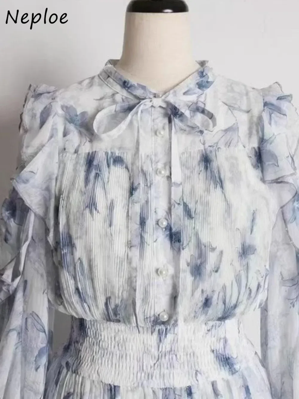

Neploe New Fairy All-match Elegant Print Dress Ruffles Lace Up Petal Sleeves High Waist Vestidos Japan Slim Pleated Fresh Robe