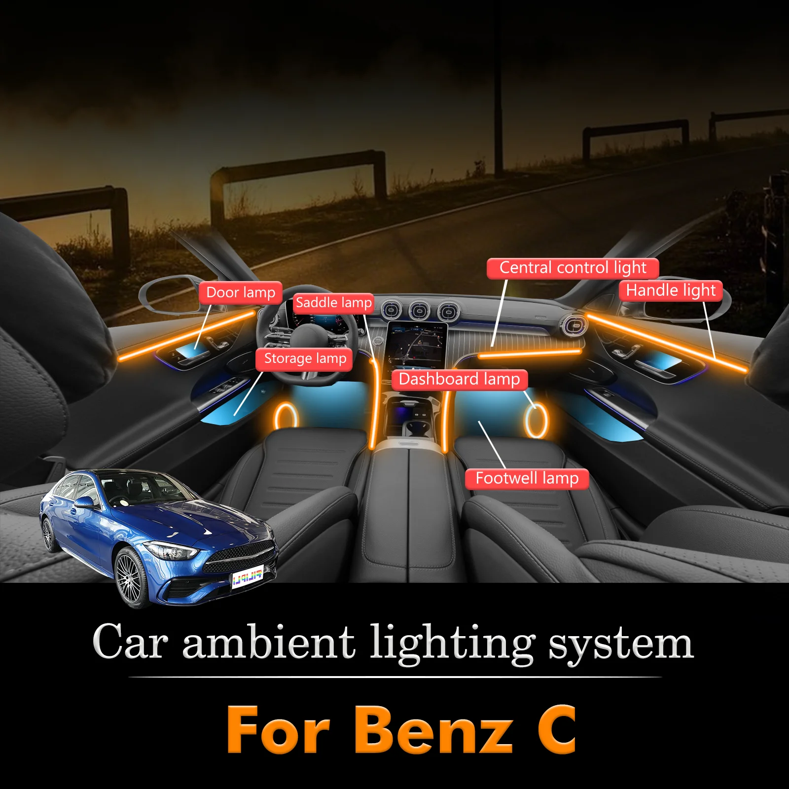 

For BenZ C-Class Car Interior Decorative Ambient Light RGB 64-Color LED Smart Remote Control Energy Saving Efficient Kit