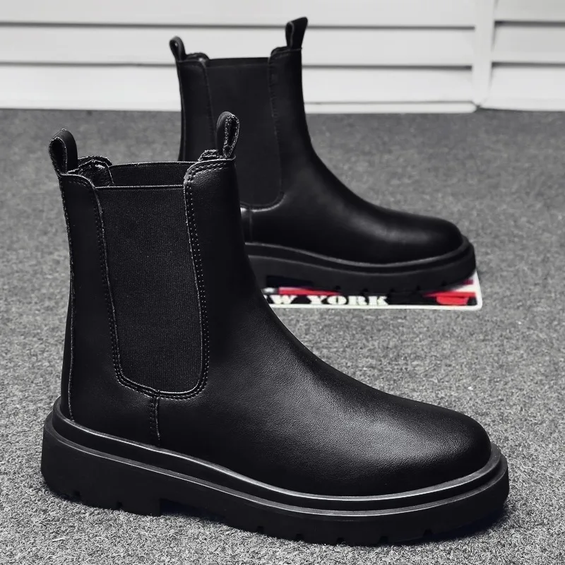New Ankle Chelsea Boots Men Leather Shoes For Male High Top Militar Platform Boot Black Knight Shoe Fashion Rubber Street Style