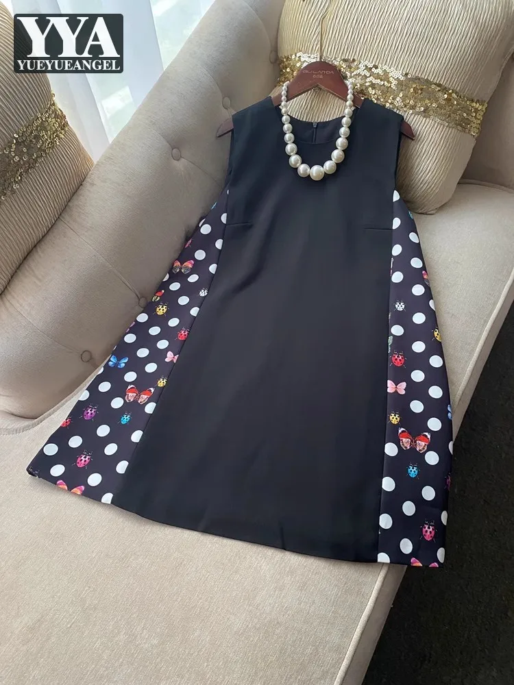 

Retro Polka Dot Print Black Dress Women Sleeveless Spliced Loose Fit O-Neck A-Line Dress Elegant Office Lady Tank Short Dresses