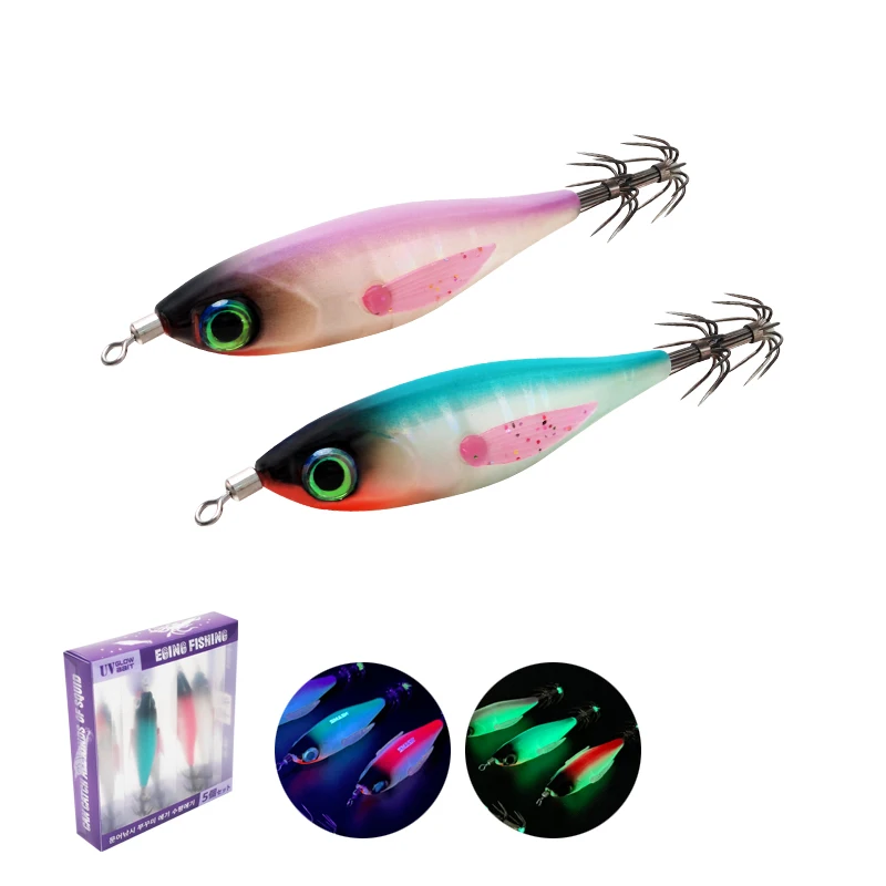 5pcs Luminous UV Squid Fishing Lures with Double Hooks Sea Fishing Baits for Octopus And Cuttlefish Catching wood shrimp