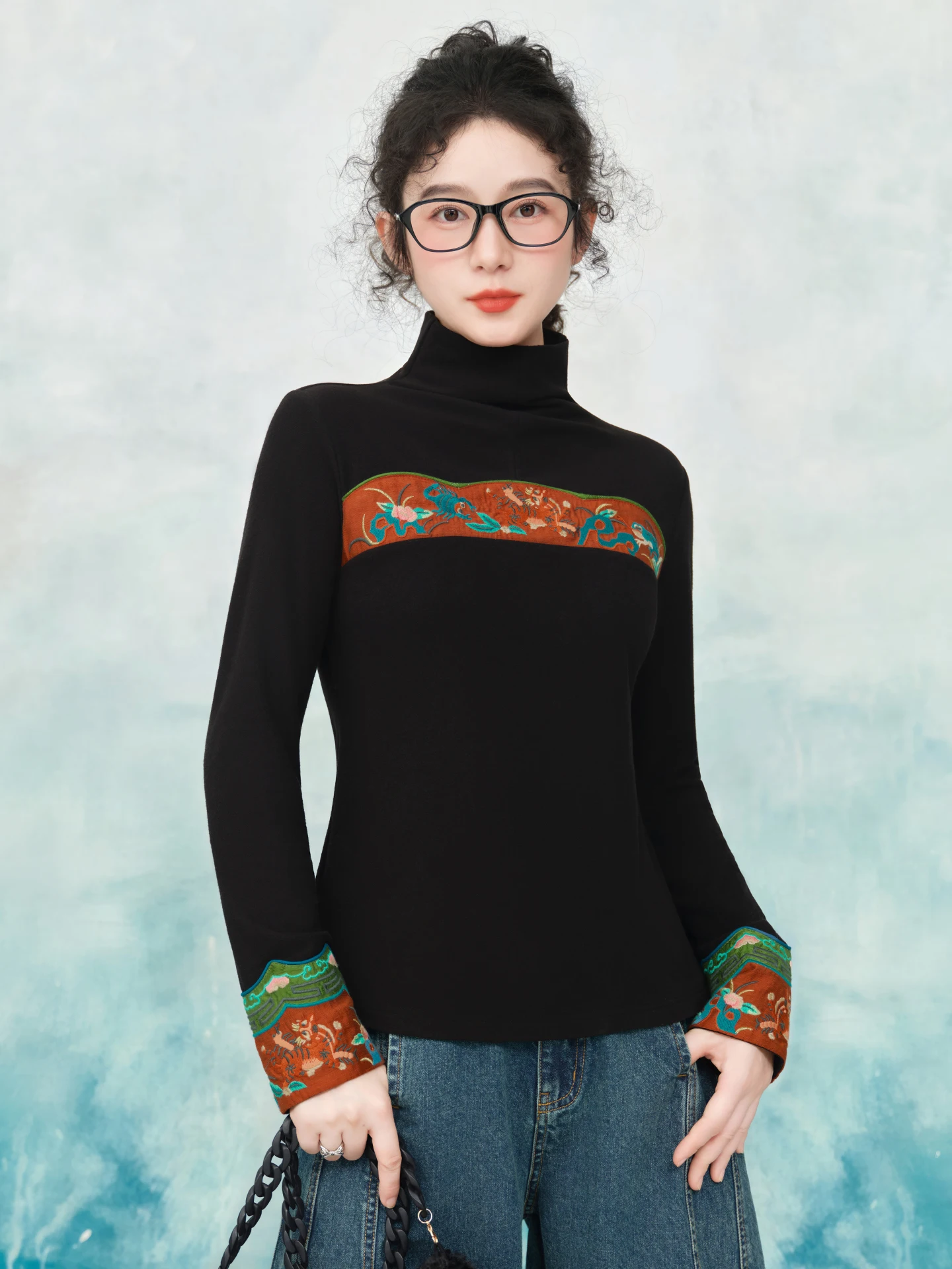 

Original Sulo High Ne Knitted Double Faced Velvet T irt Women's Base Layer Top Chinese Sle Embroidery Slim Fit Base Tee