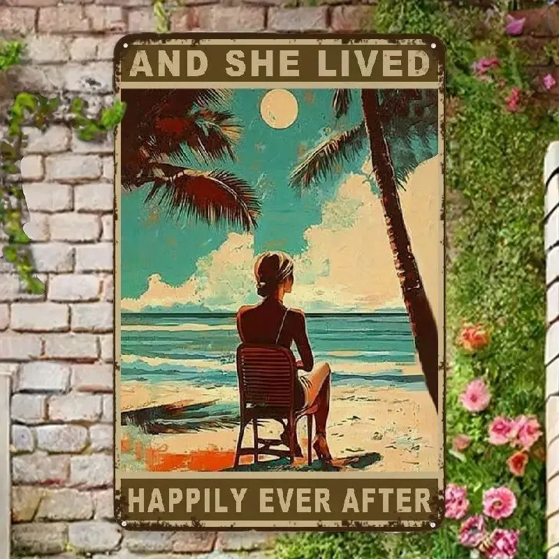Retro Tinplate Decor- Vintage Beach Metal Wall Art aluminum Sign with Sunset And Palm Tree Design- 'And She Lived Happily Ever