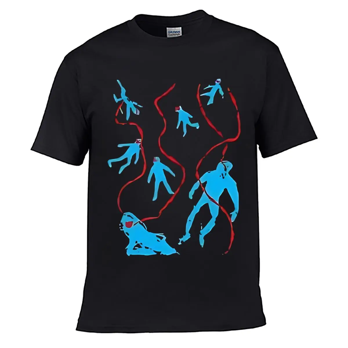 Abstract Blue Human Figures Red Lines Loose Vintage Distressed Washed Casual Tee