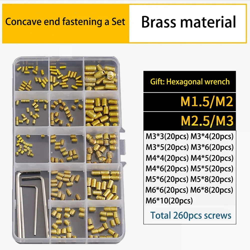 M3-M5 M6 Brass Cup Point Set Screws Hexagon Socket Concave End Bolts With Matching Hex Wrench For Mechanical Assembly Fastening