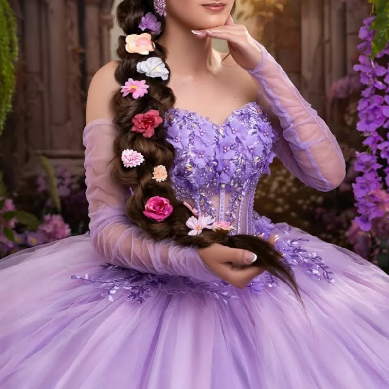 

lavender purple Quinceanera Dress crystal glitter 3D flower Decal Long tail Vestidos De 15 Quinceanera ﻿Customize