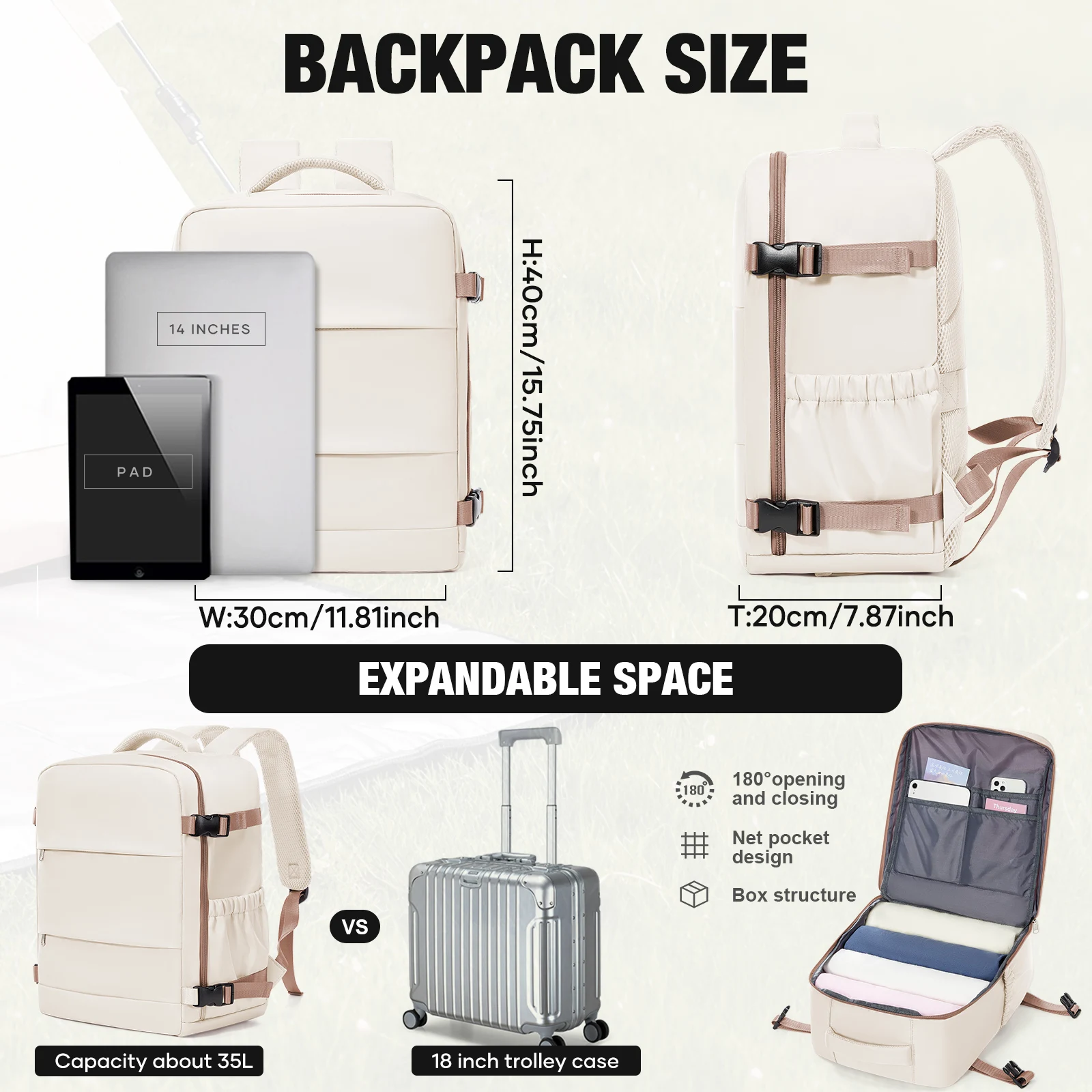 حقيبة ظهر Ryanair 40x30x20 للسفر، حقيبة أمتعة يدوية للطائرات، حقيبة كمبيوتر محمول لمسافات قصيرة، حقيبة ظهر للطلاب الجامعيين