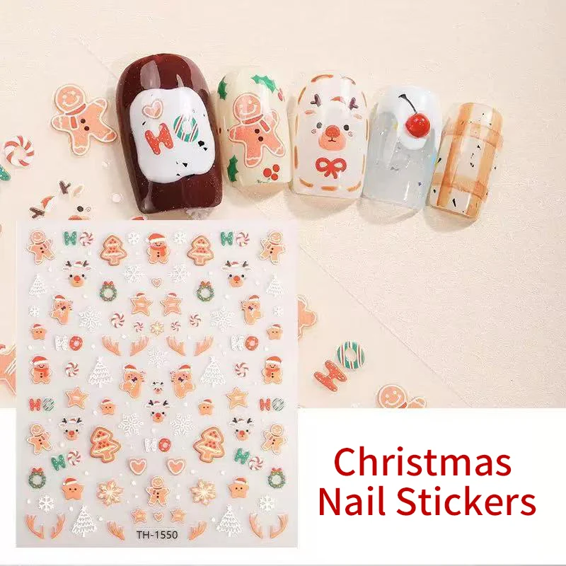Calcomanías para uñas DIY, lindo pan de jengibre, Papá Noel, árbol de Navidad, campana, calcomanías para uñas, decoración de manicura para fiesta, deslizadores