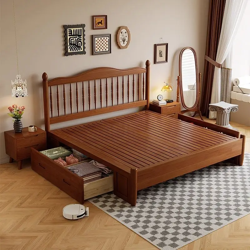 Lit de rangement moderne et minimaliste en bois massif avec tête de lit à tiges, vérin à gaz et tiro