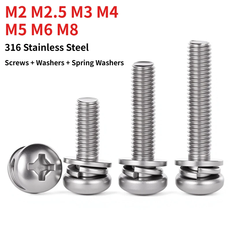 M2 M2.5M3M4- M8 316 Stainless Steel Phillips Pan Head Combination Screws, Cross Round Head Bolt with Flat Washer & Spring Washer