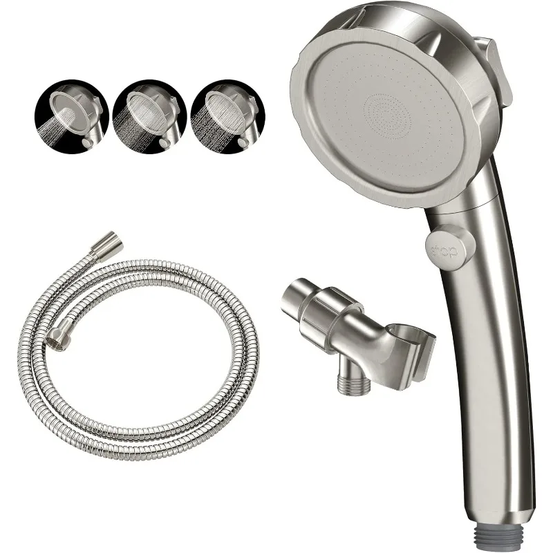 

Brushed Nickel High Pressure Handheld Shower Head with ON/OFF Switch, 3 Spray Modes, Adjustable Angle Bracket, and Hose